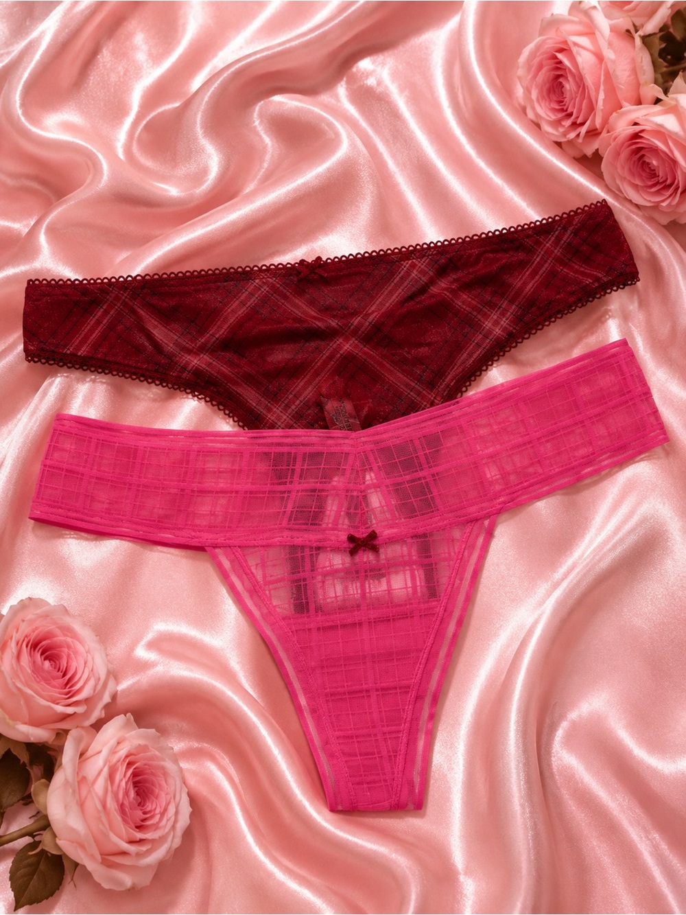 Victoria’s Secret Pink Red Plaid & Mesh Thong Set Size L NWT